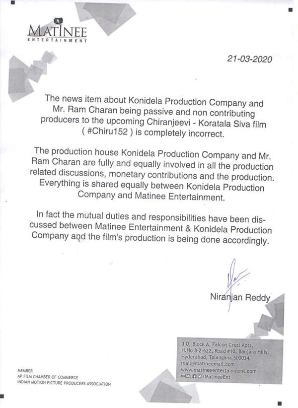 Acharya Makers Clarify About Charan's Role
