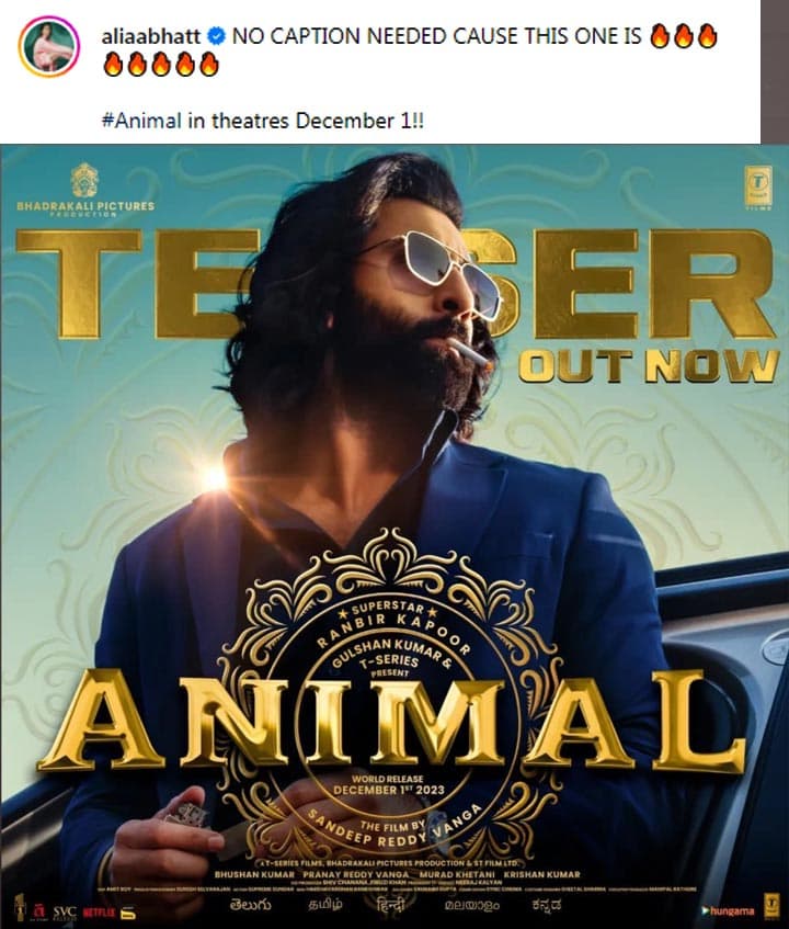 Alia Bhatt Thrilled With Animal Teaser