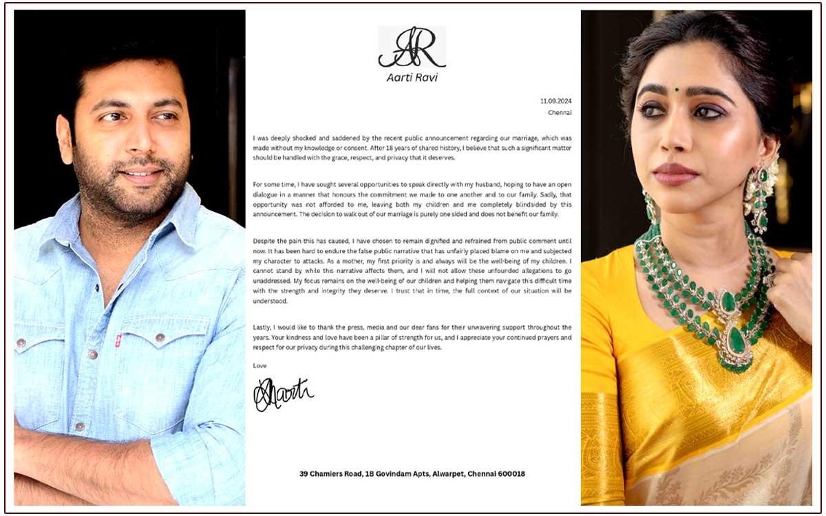 Aarti Denies Giving Consent for Divorce with Jayam Ravi