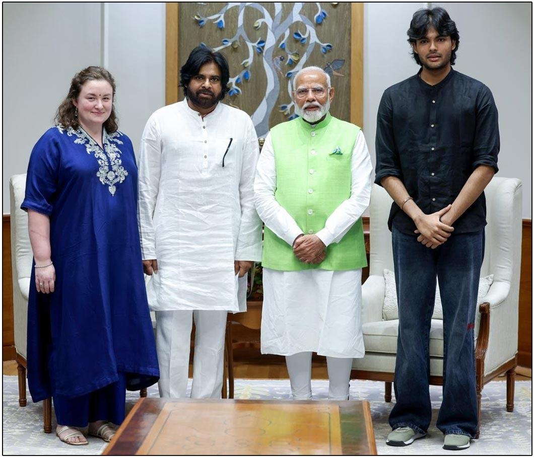 Pawan kalyan Meets Modi With His Son Akira And Wife Anna