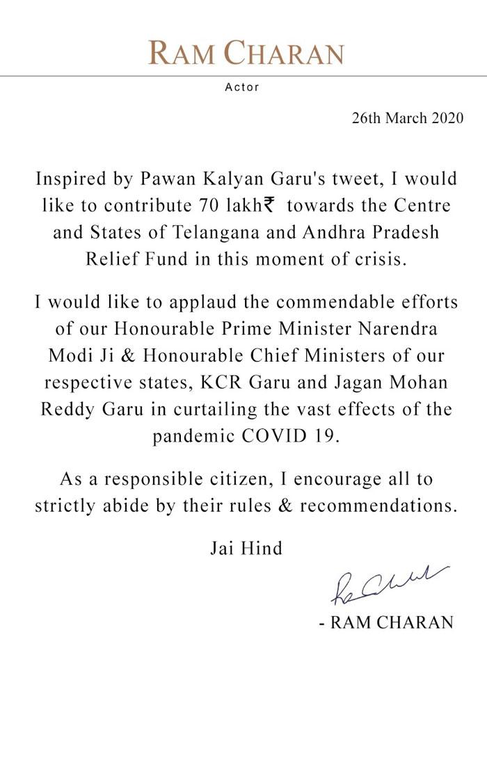 Ram Charan Donates 70 Lakhs to Curtail COVID 19