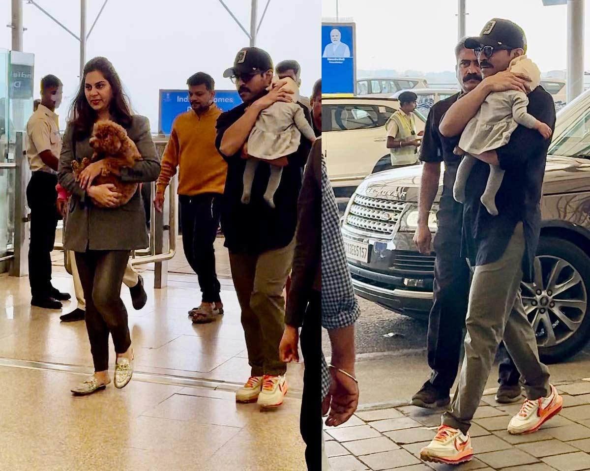 Ram Charan, Upasana snapped at Bengaluru Airport