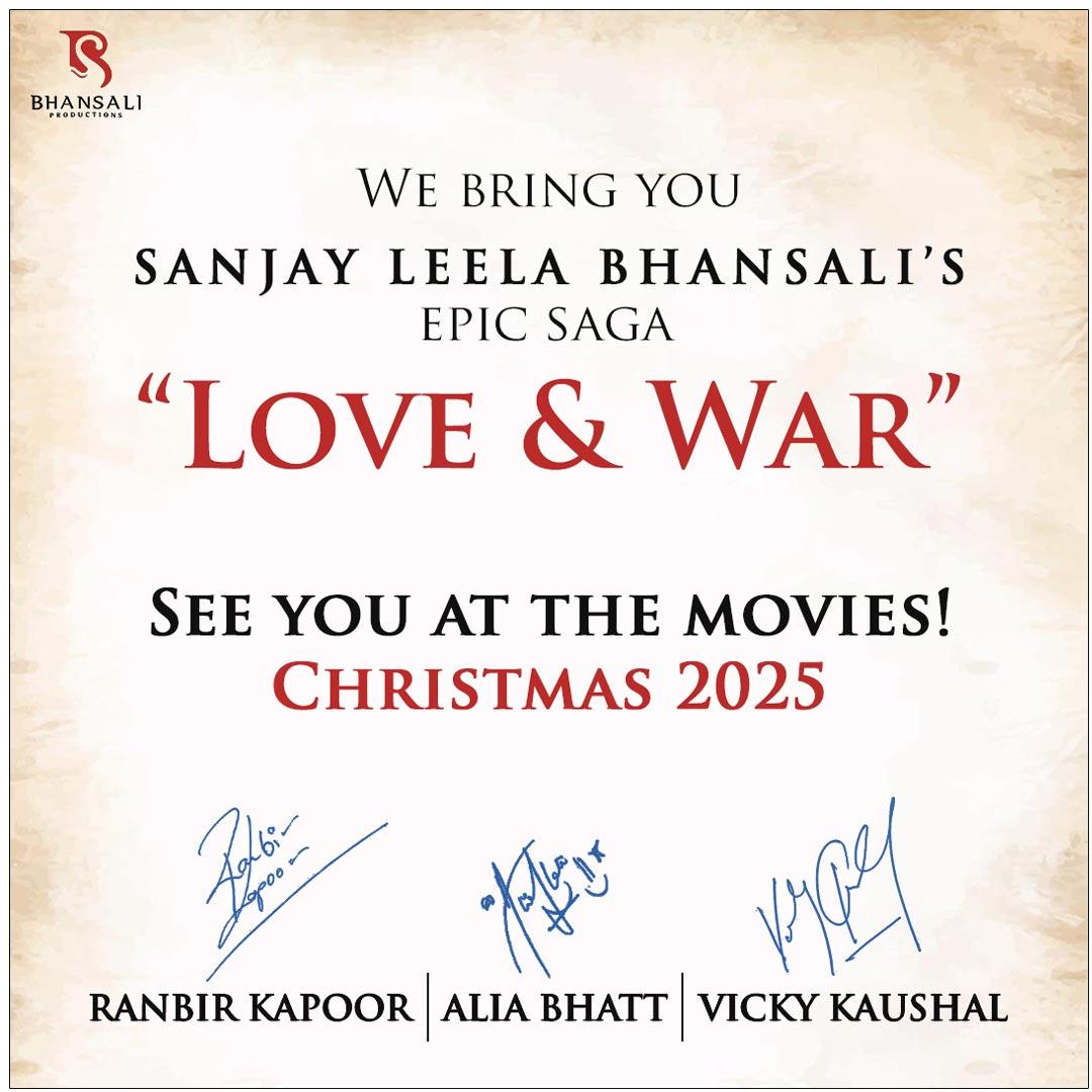 Ranbir Kapoor, Alia Bhatt, Vicky Kaushal Starrer Titled Love And War