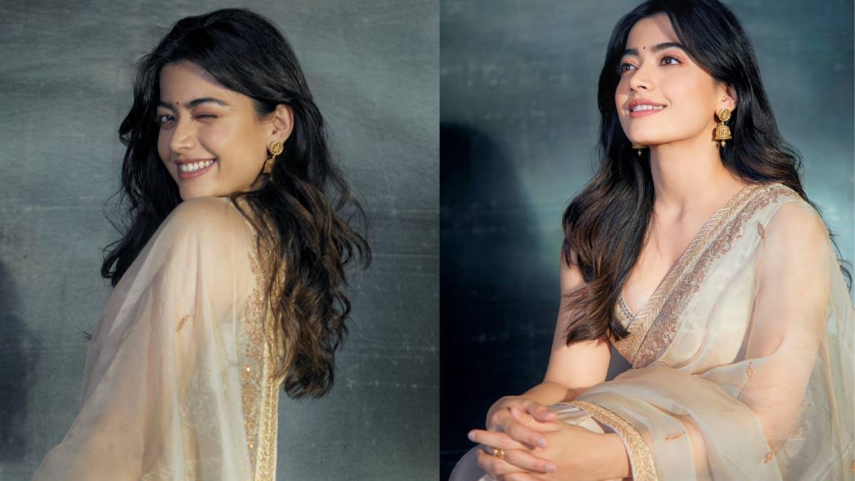 Rashmika sparkles in a Golden Saree