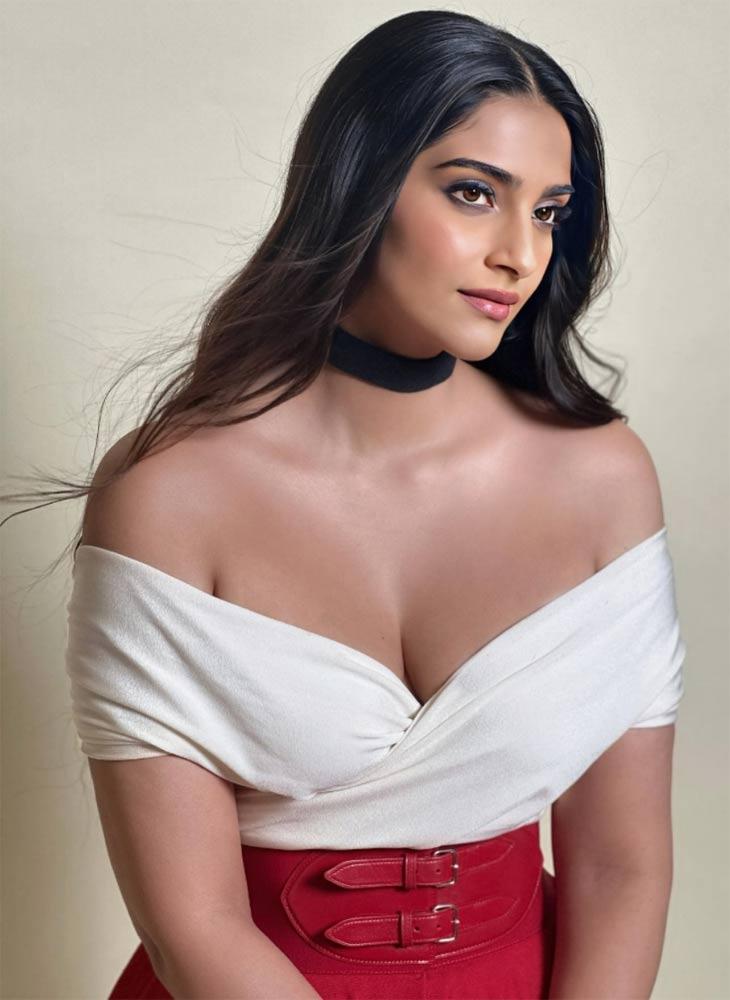 Sonam pierces in Hugo Boss white pantsuit
