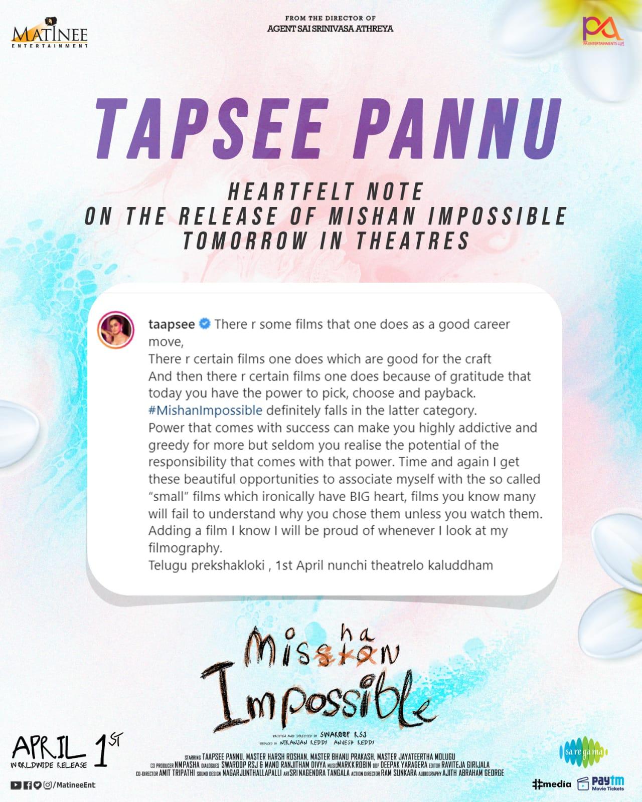 Tapsee's emotional note over Mishan Impossible