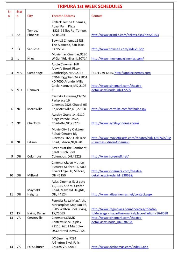 TRIPURA USA 1st Week Schedule
