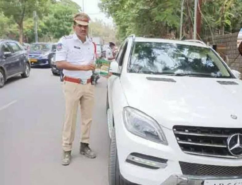 Hyderabad traffic police ride on Prabhas Car