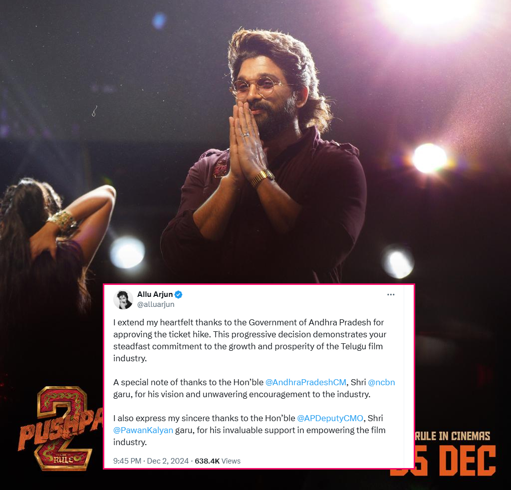 Allu Arjun thanks Pawan Kalyan for Pushpa The Rule ticket rates in AP 