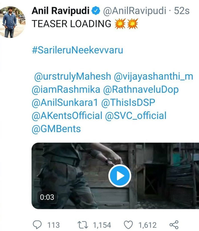 Anil Ravipudi Deletes a Tweet on Sarileru Neekevvaru