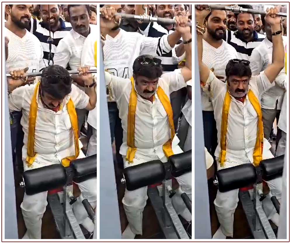 Balakrishna flexes his muscles at a gym