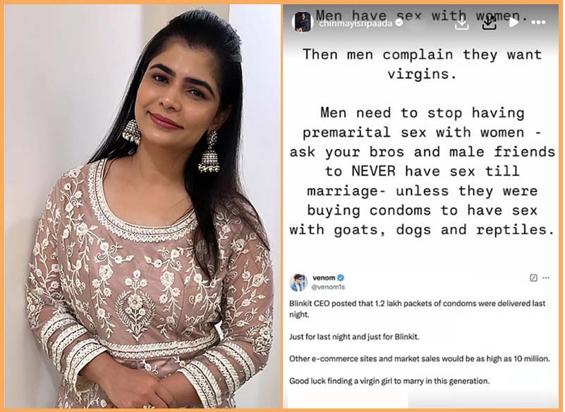  Chinmayi slammed a netizen for his insensitive comment on virgin girl