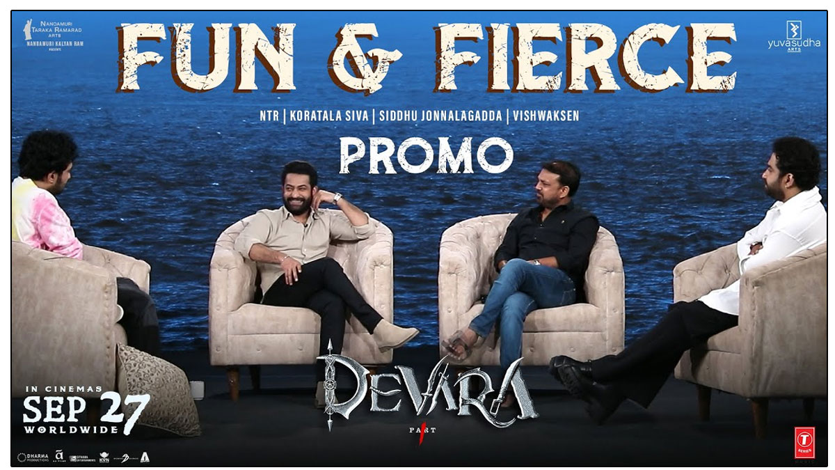 Devara team has released a hilarious promo featuring Jr NTR, Vishwak Sen, Siddu 