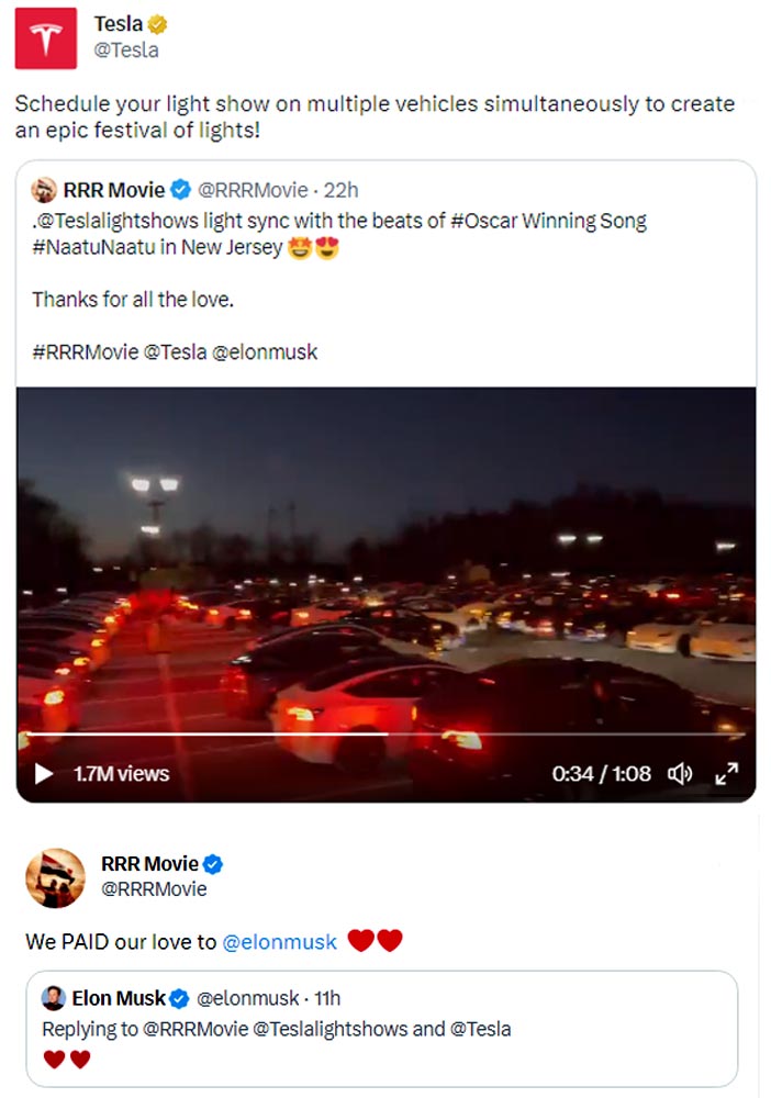 Elon Musk Enjoyed Tesla Cars tribute to RRR Naatu Naatu