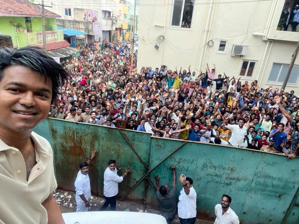 Fans mob Vijay during GOAT shoot