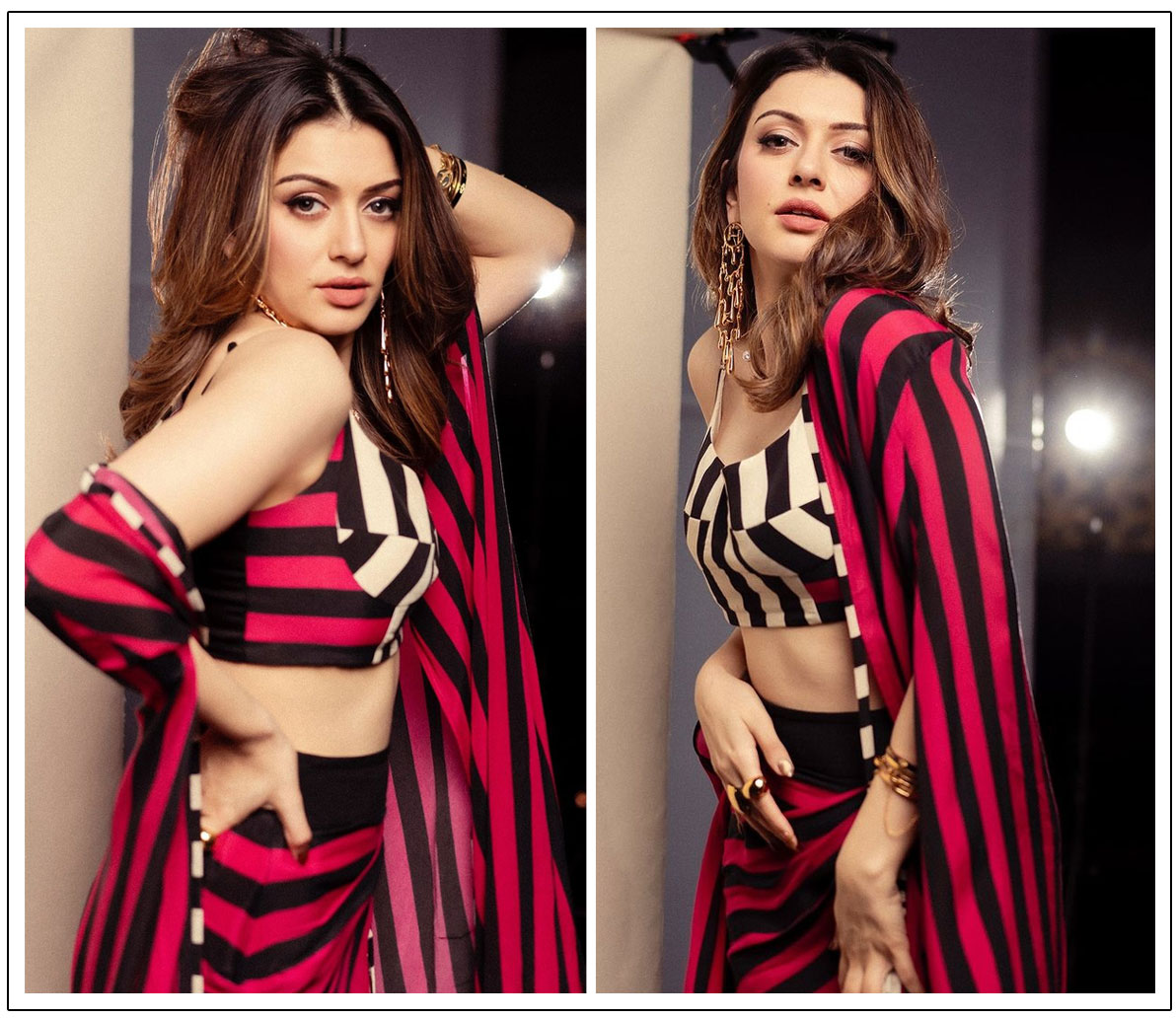 Hansika donning in a striking black and red crop top