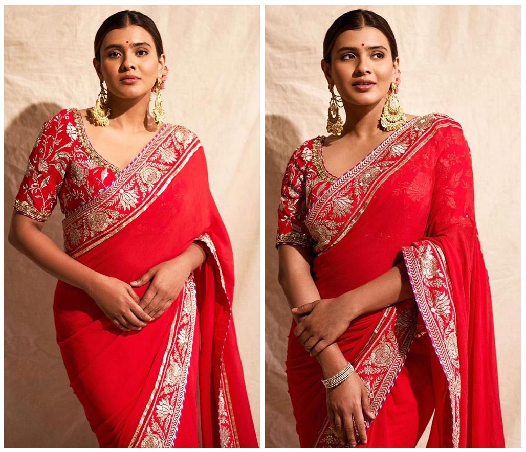 Hebah Patel exudes elegance in a striking red saree