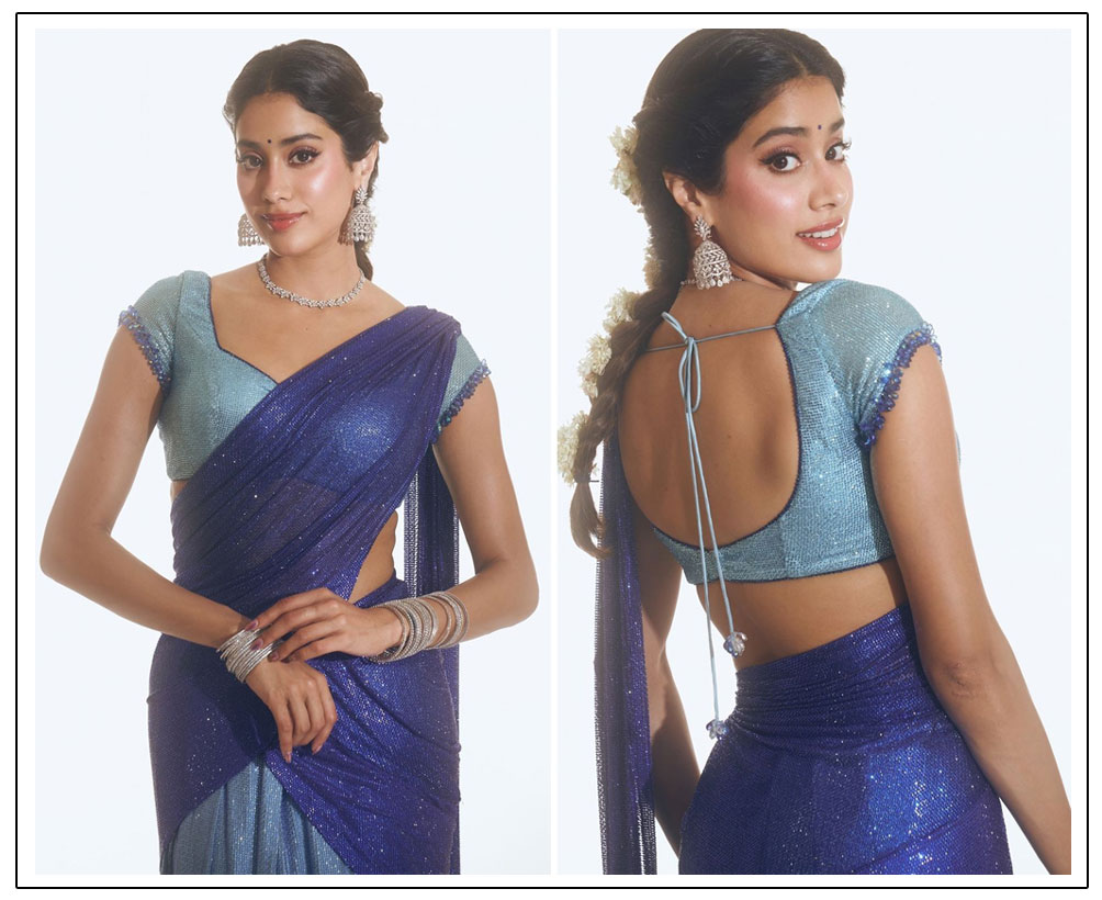 Janhvi Kapoor stunned in a gorgeous blue shimmery saree