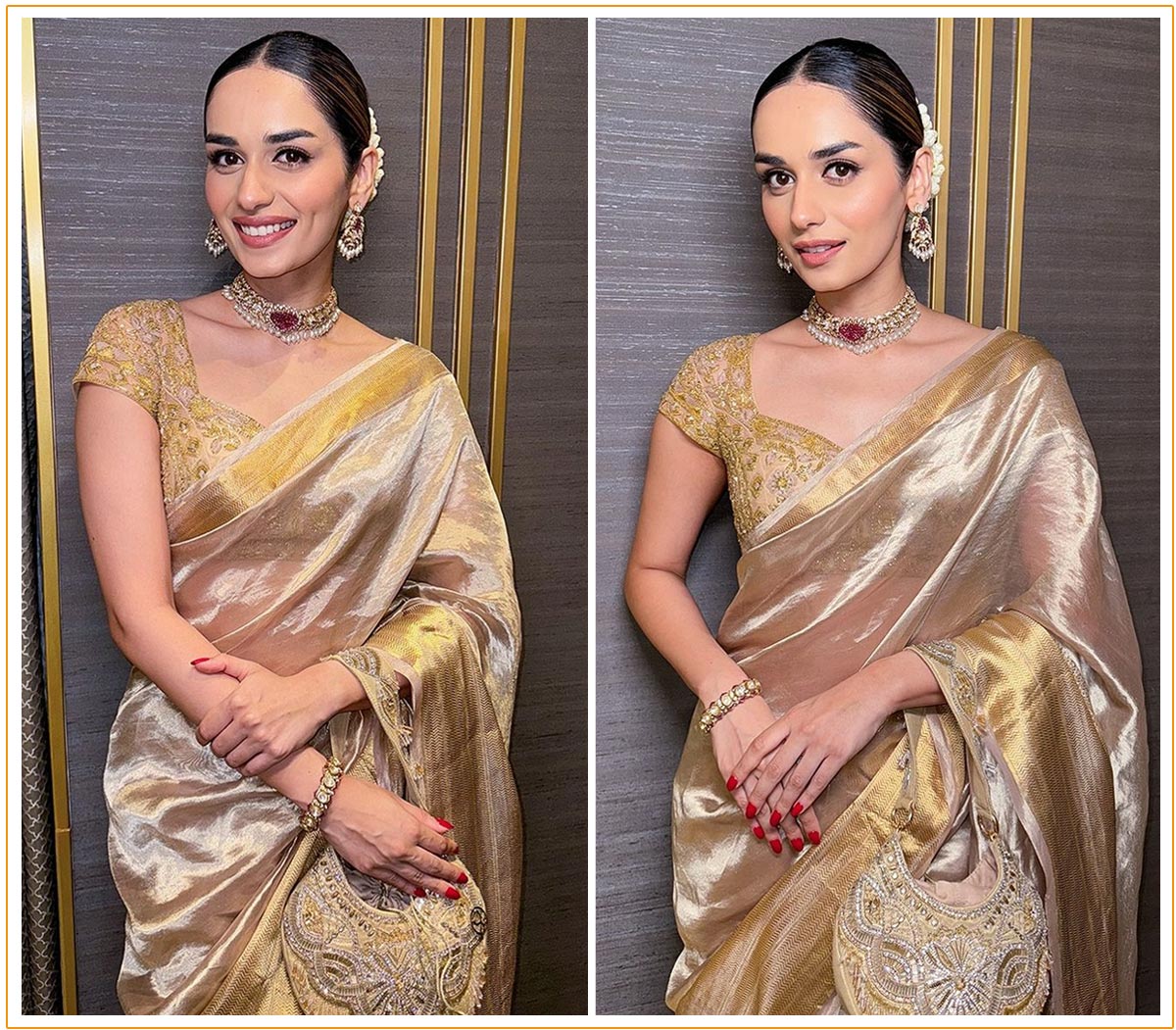 Manushi Chhillar showcases her effortless elegance in a stunning golden saree