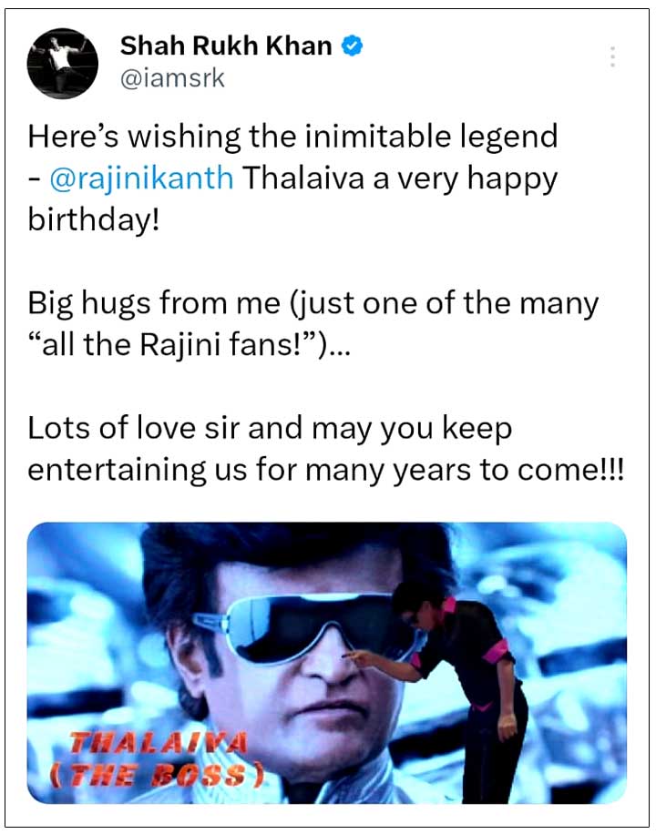 Shah Rukh Adorable Wishes To Rajinikanth