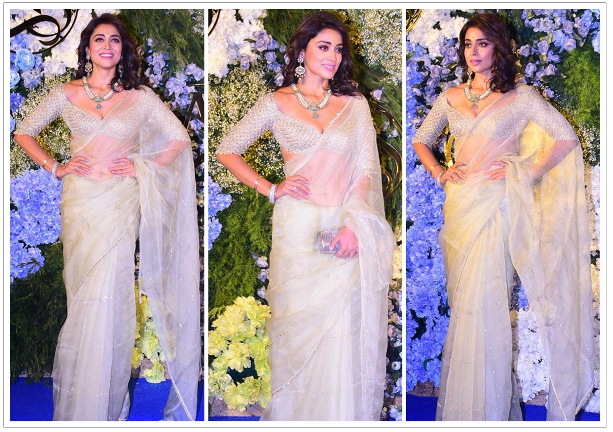 Shriya looks ethereal in a netted white saree