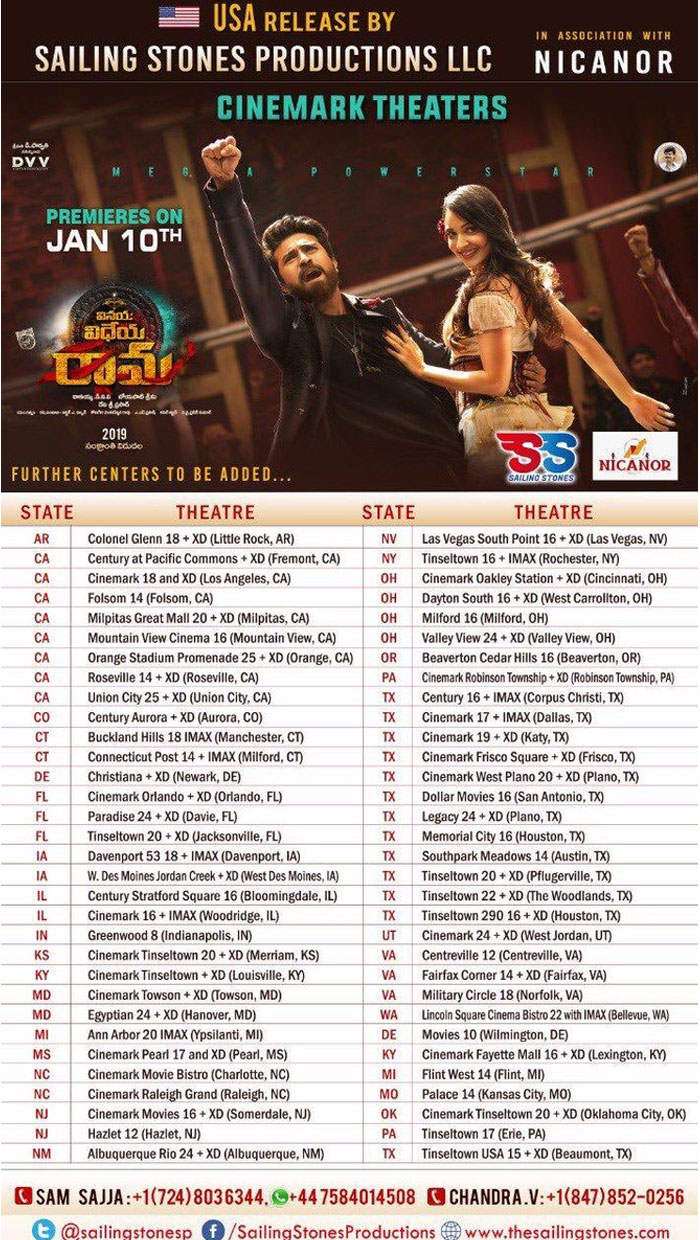 Vinaya Vidheya Rama US Theatres List