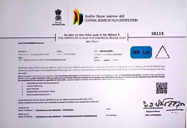 World Famous Lover Gets U/A Censor Certificate