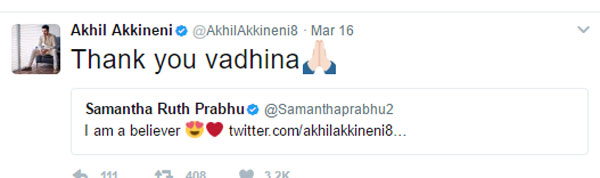 akhil,samantha,akhil twit,akhil twitter followers,akhil akkineni  అఖిల్ ట్విట్-  'థాంక్యూ వదిన'..!