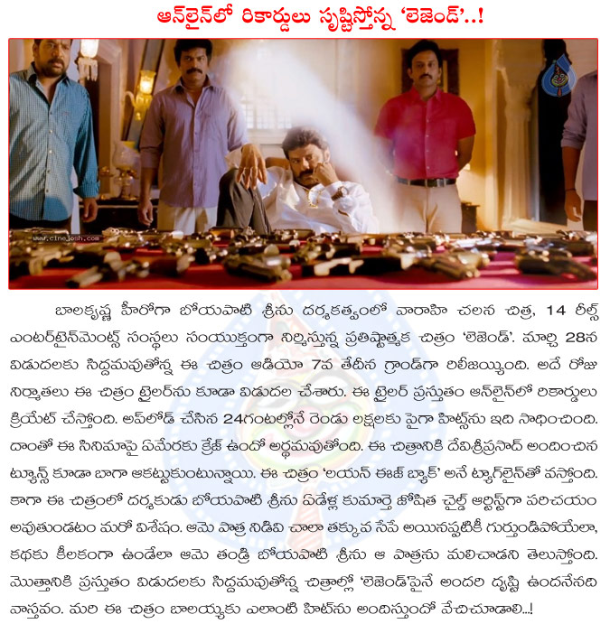 legend,balakrishna,balakrishna legend time starts,nandamuri nata simham,legend online recored,legend trailer records,balakrishna legend movie updates,boyapati srinu,boyapati srinu daughter in legend movie  legend, balakrishna, balakrishna legend time starts, nandamuri nata simham, legend online recored, legend trailer records, balakrishna legend movie updates, boyapati srinu, boyapati srinu daughter in legend movie