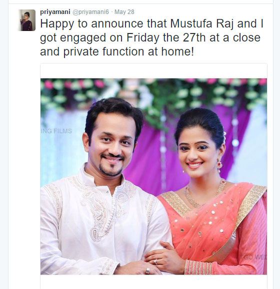 priyamani,priyamani engagement finished,mustufa raj,priyamani engaged with mustufa raj,priyamani marriage news  అనుకున్నదే నిజమైంది..ప్రియమణి ఫిక్సయింది!