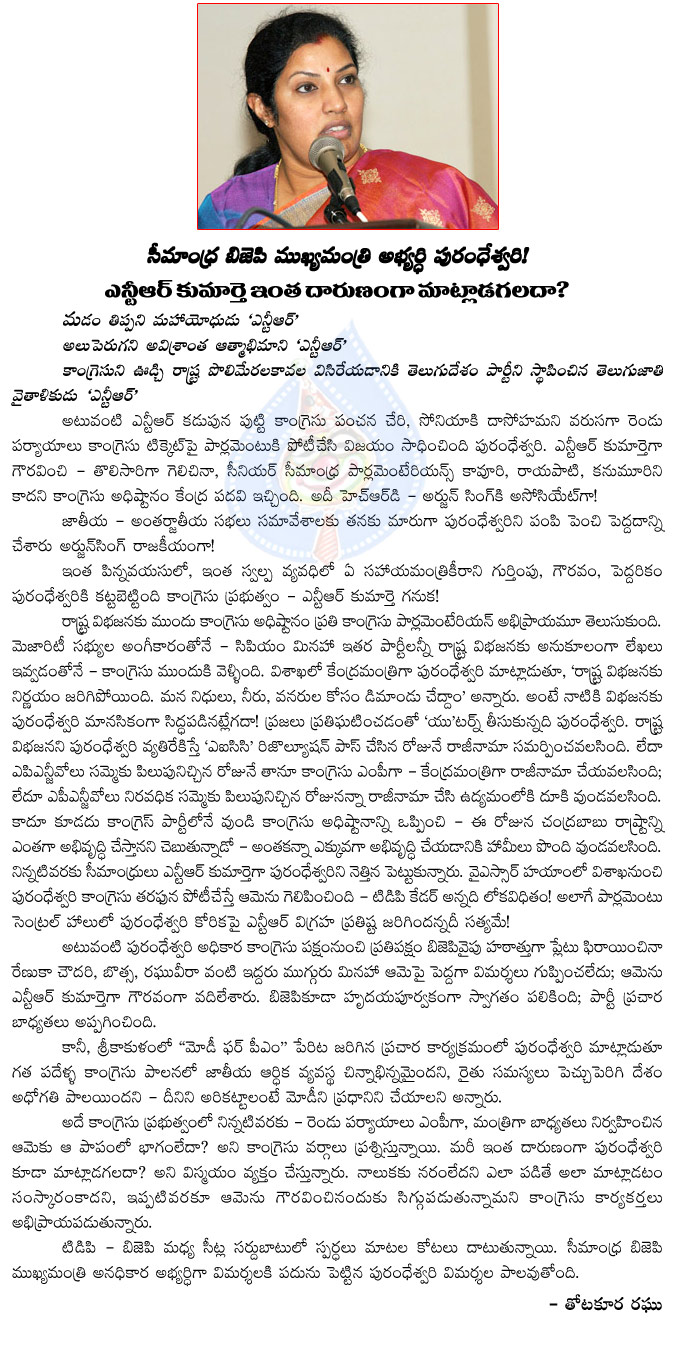 purandeswari,bjp cm candidate in seemandhra,bjp publicity,purandeswari political speech,purandeswari criticize congress  purandeswari, bjp cm candidate in seemandhra, bjp publicity, purandeswari political speech, purandeswari criticize congress