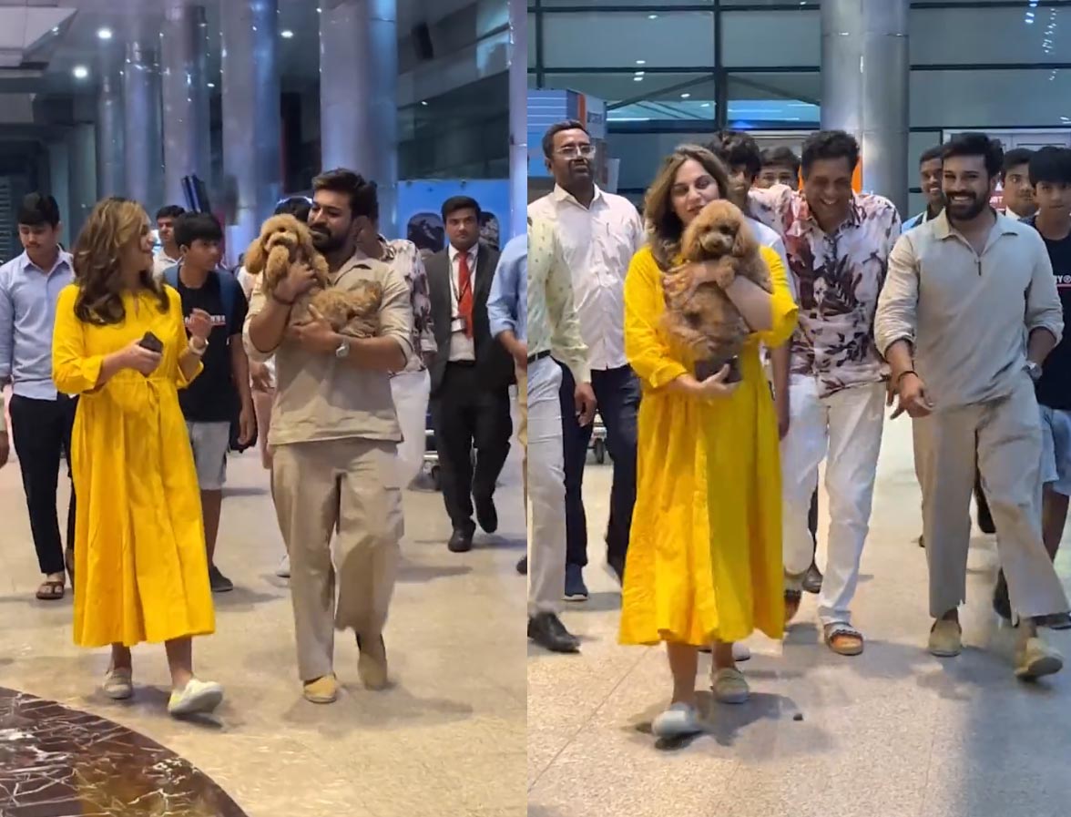 ram charan,upasana  హైదరాబాద్ ఎయిర్ పోర్ట్ లో చరణ్-ఉపాసన