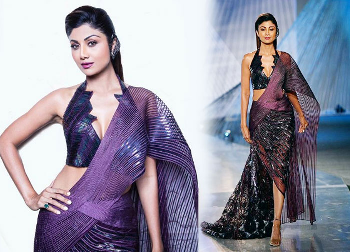 shilpa shetty,metallic plum saree,bollywood heroine,india couture week 2018  పొడుగుకాళ్ల సుందరి డ్రస్‌ పిచ్చెక్కిస్తోంది! 