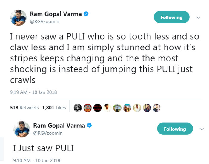 ram gopal varma,agnathavasi,puli,tweet,rgv,pawan kalyan  'పులి' అంటూ వర్మ పంజా విసిరాడు!