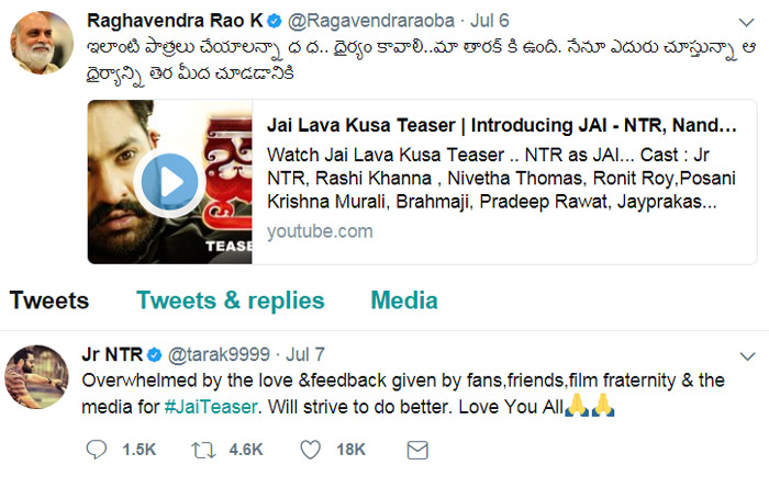 jr ntr,jai lava kusa,k raghavendra rao tweet,jr ntr tweet,jai teaser  యంగ్‌టైగర్‌ ఆనందానికి అవధుల్లేవ్..! 